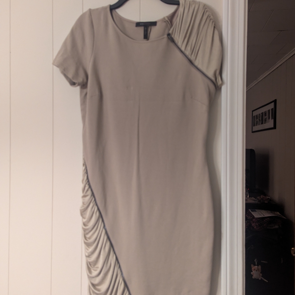 BCBGMaxAzria Cream Asymmetrical Dress with Ruched Detail